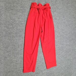 H&M Pants Womens 6‎ Red High Waist Paperbag Cropped Ankle Belted Pockets Twill